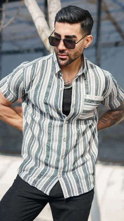 پیراهن مردانه کنفی راه راه گلیمی کد0217700336